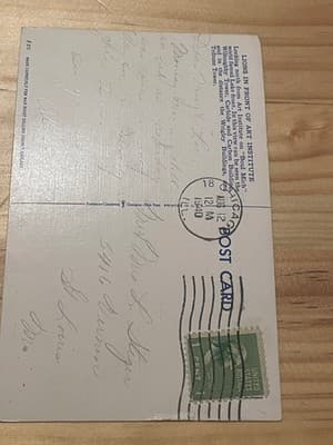 Lions In Front Of Art Institute Chicago Linen Postcard Postmarked 1940 Stamped - Thumbnail 2