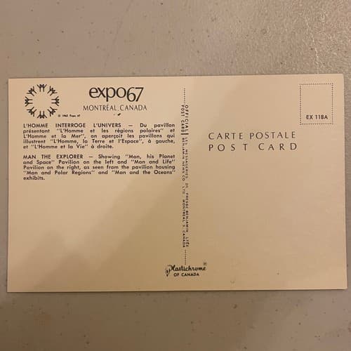 Expo 67 Montreal Canada Postcard pavilions "Man, his Planet & Space" "Man & Life - Thumbnail 2