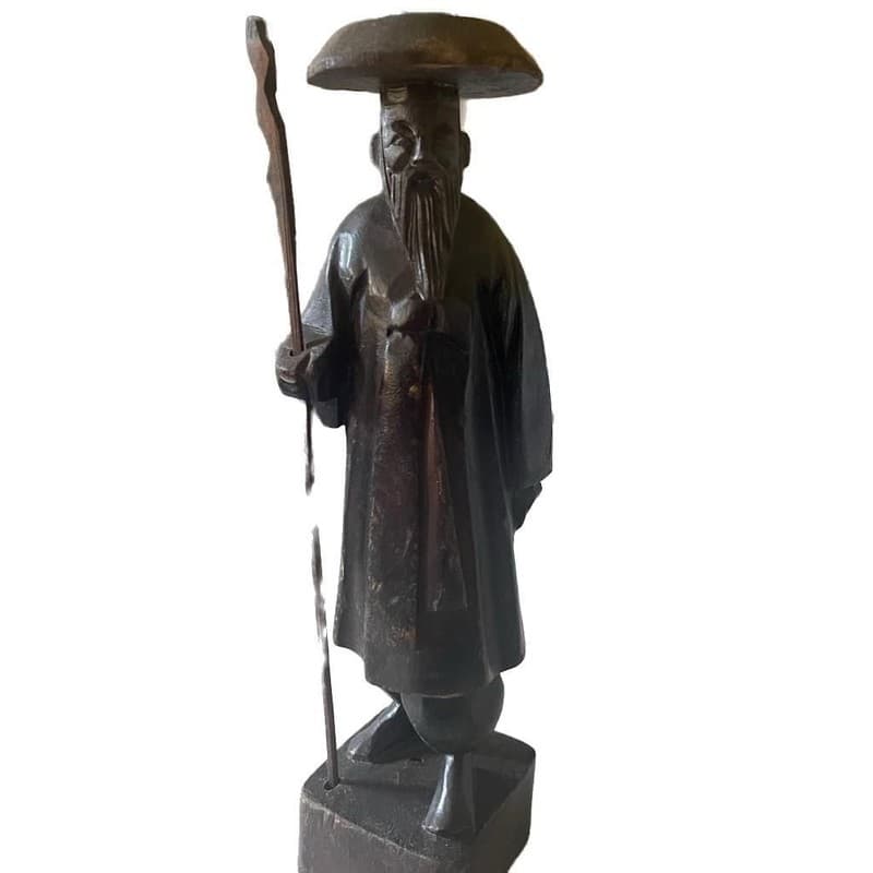Vintage Hand Carved Wooden Asian wise man Sculpture with Hat and Staff - Thumbnail 3