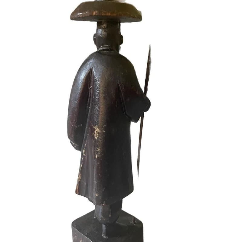 Vintage Hand Carved Wooden Asian wise man Sculpture with Hat and Staff - Thumbnail 5