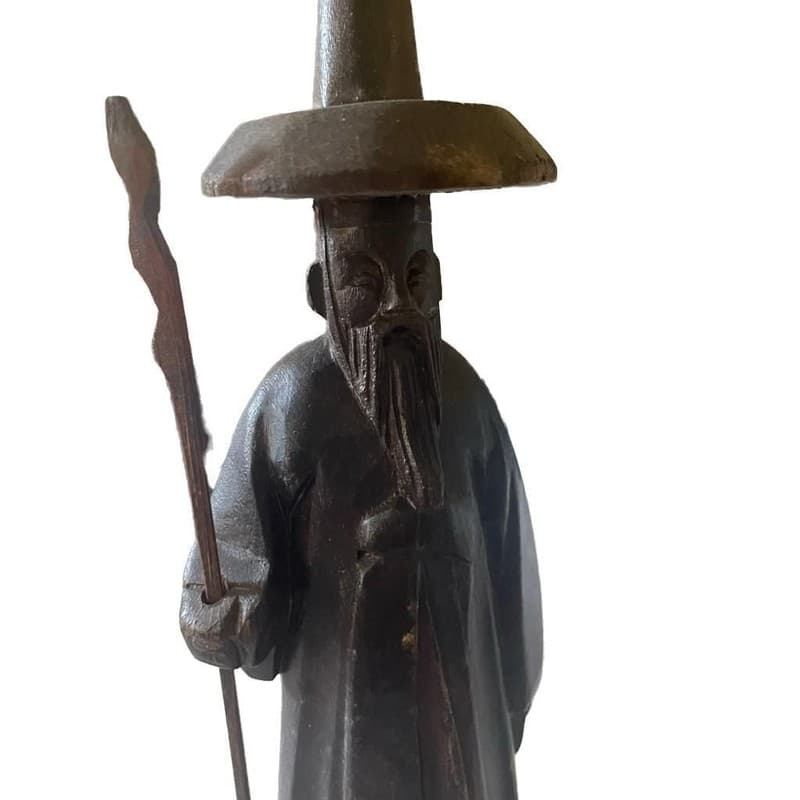 Vintage Hand Carved Wooden Asian wise man Sculpture with Hat and Staff - Thumbnail 4