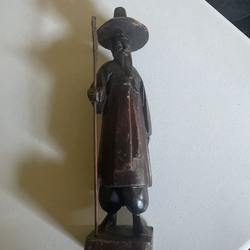 Vintage Hand Carved Wooden Asian wise man Sculpture with Hat and Staff - Thumbnail 2