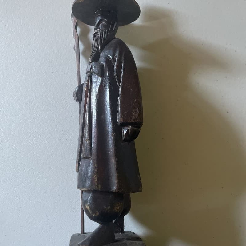 Vintage Hand Carved Wooden Asian wise man Sculpture with Hat and Staff - Image 1