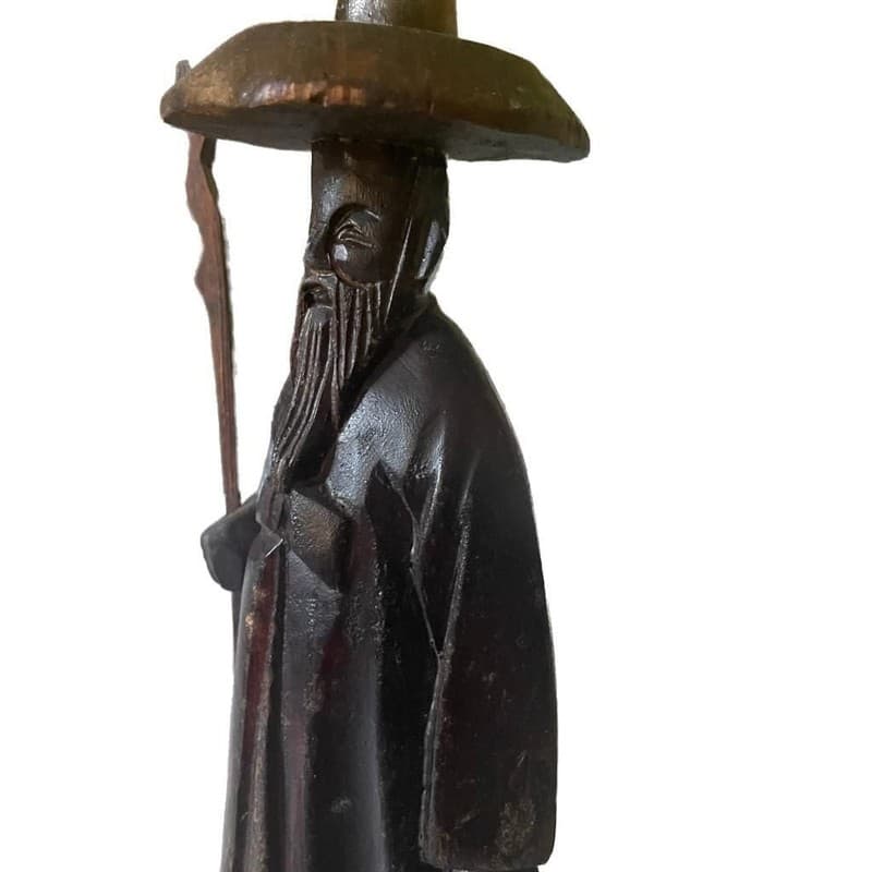 Vintage Hand Carved Wooden Asian wise man Sculpture with Hat and Staff - Thumbnail 6