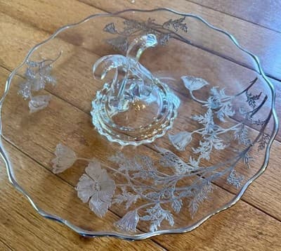 Vintage Silver City Clear Glass Center Handle Serving Tray Floral silver Overlay - Image 1