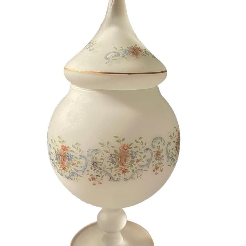 Vintage Norleans Italy White Frosted Satin Glass Pedestal Lidded Candy Dish with - Thumbnail 2