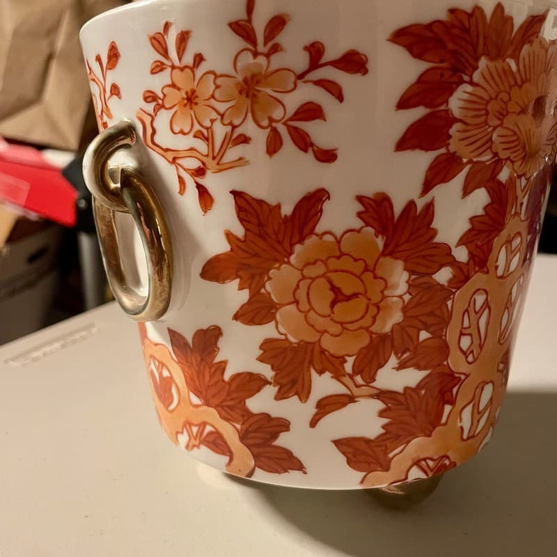Vintage Japanese Porcelain Gold Imari Biscuit Barrel with Orange Flowers - Thumbnail 2