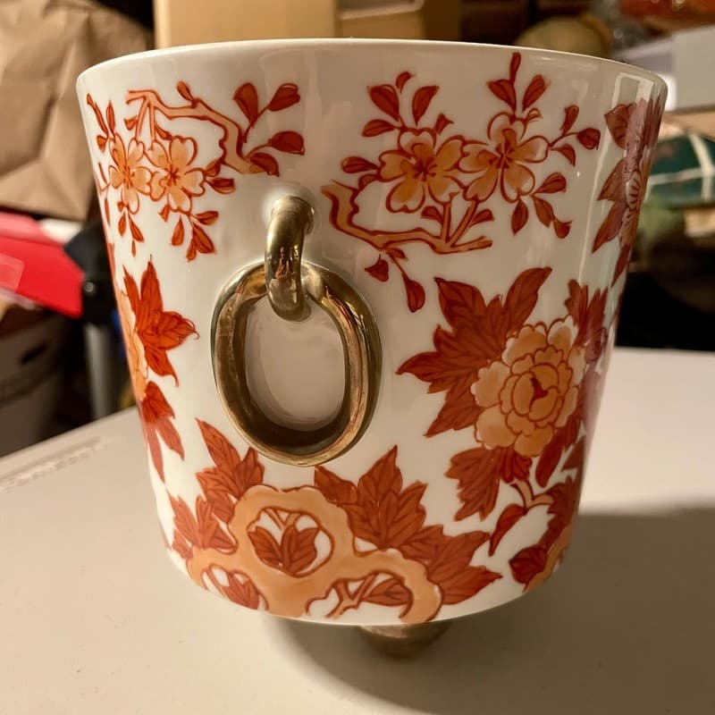 Vintage Japanese Porcelain Gold Imari Biscuit Barrel with Orange Flowers - Thumbnail 4