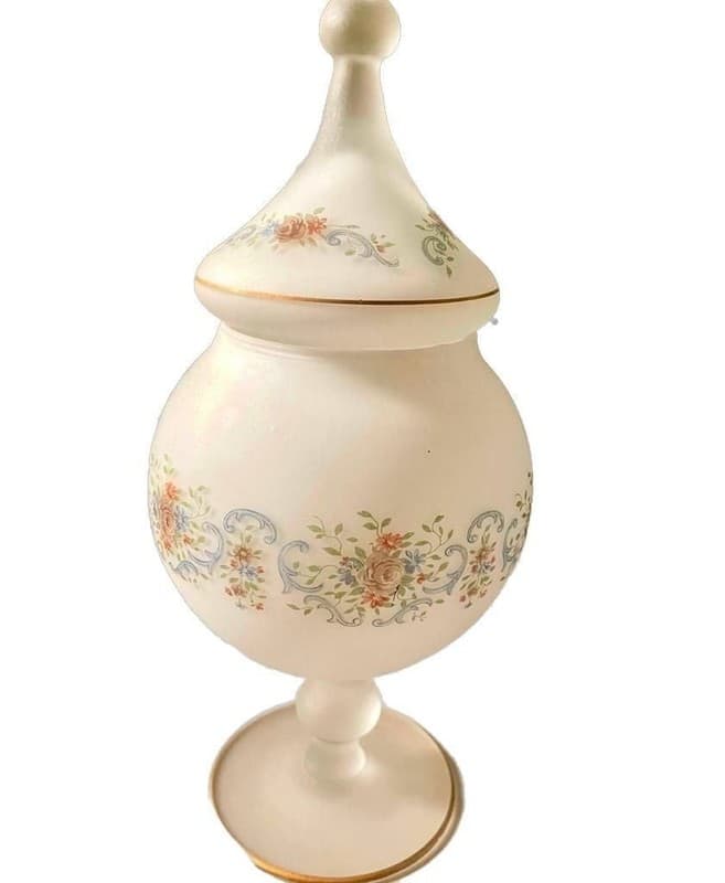 Vintage Norleans Italy White Frosted Satin Glass Pedestal Lidded Candy Dish with - Image 1