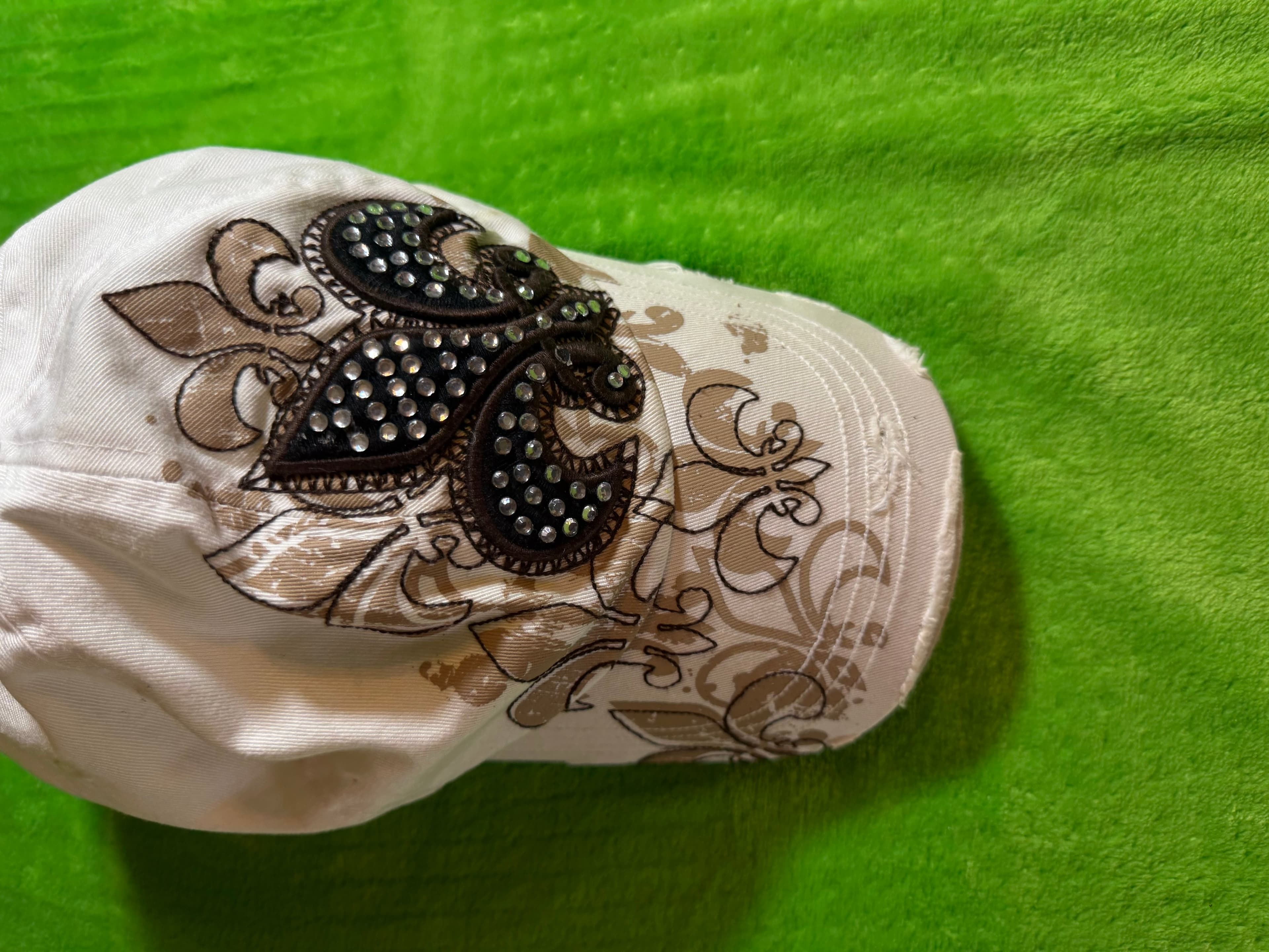 Embellished Fleur-de-Lis White Cap with Rhinestones - Image 1