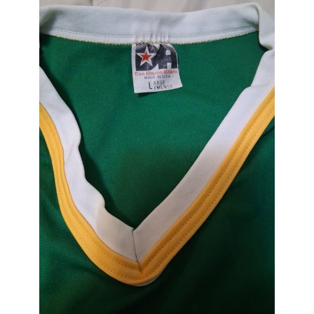 Vintage 80s Baseball Jersey Size Large Green With Yellow And White Accents - Thumbnail 4