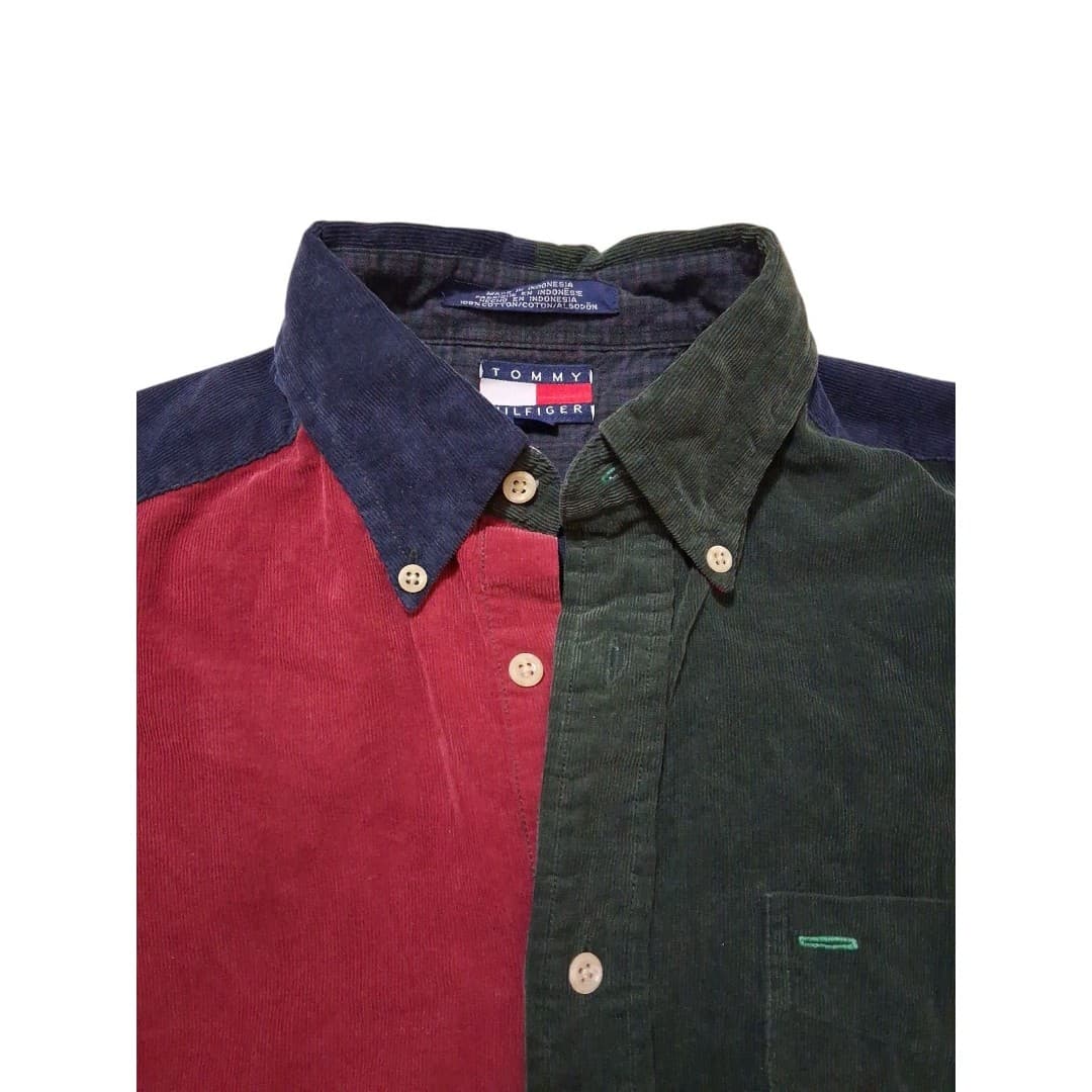 Tommy Hilfiger Men's Corduroy Preppy 90s Vintage Shirt L Button Down, Colorblock - Image 1