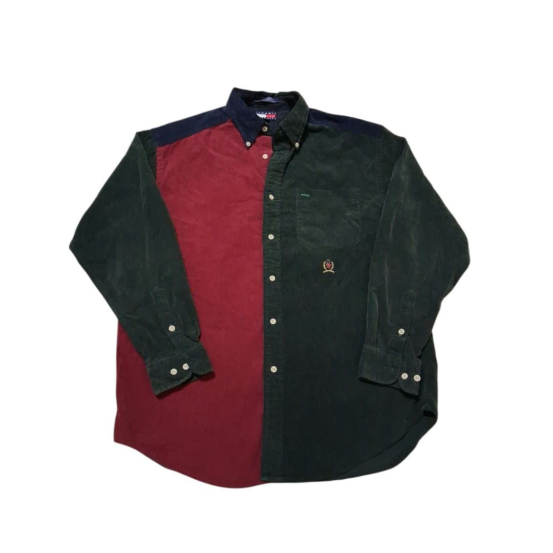 Tommy Hilfiger Men's Corduroy Preppy 90s Vintage Shirt L Button Down, Colorblock - Thumbnail 2