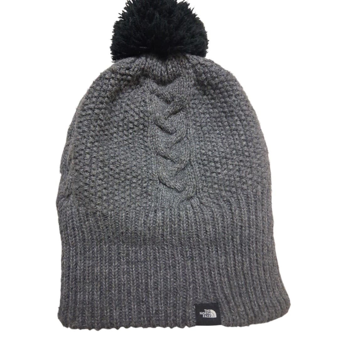 The North Face Cable-Knit Pom Beanie Gray Stocking Cap Hat Winter Warm - Image 1