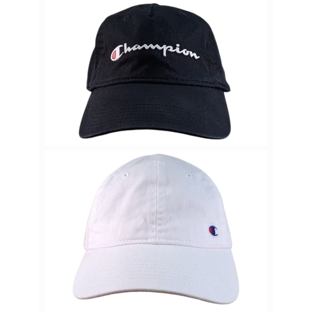 Champion Strapback Hat Bundle (2) Black Script White Dad Caps Adjustable Logo - Image 1