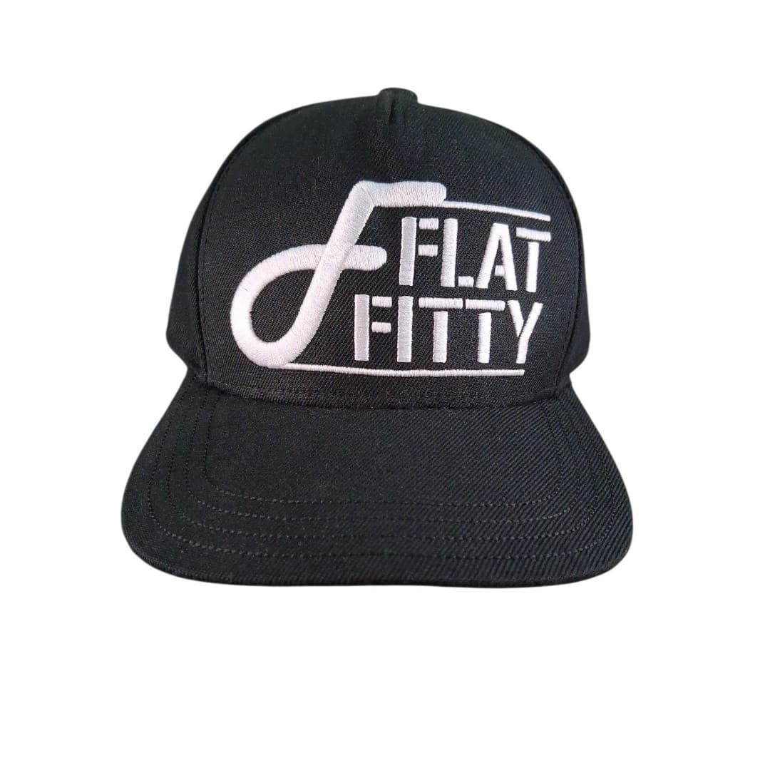 Flat Fitty Hat Black White Logo Fitted Cap Streetwear Embroidered Adult - Image 1