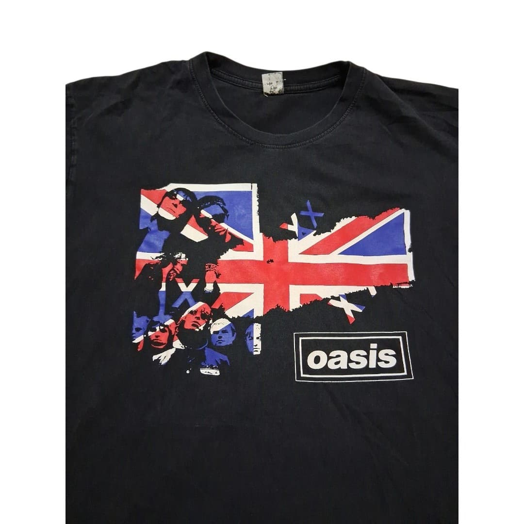 Vintage Oasis Band T Shirt Union Jack Graphic Black Y2K Rock Tee Large - Image 1