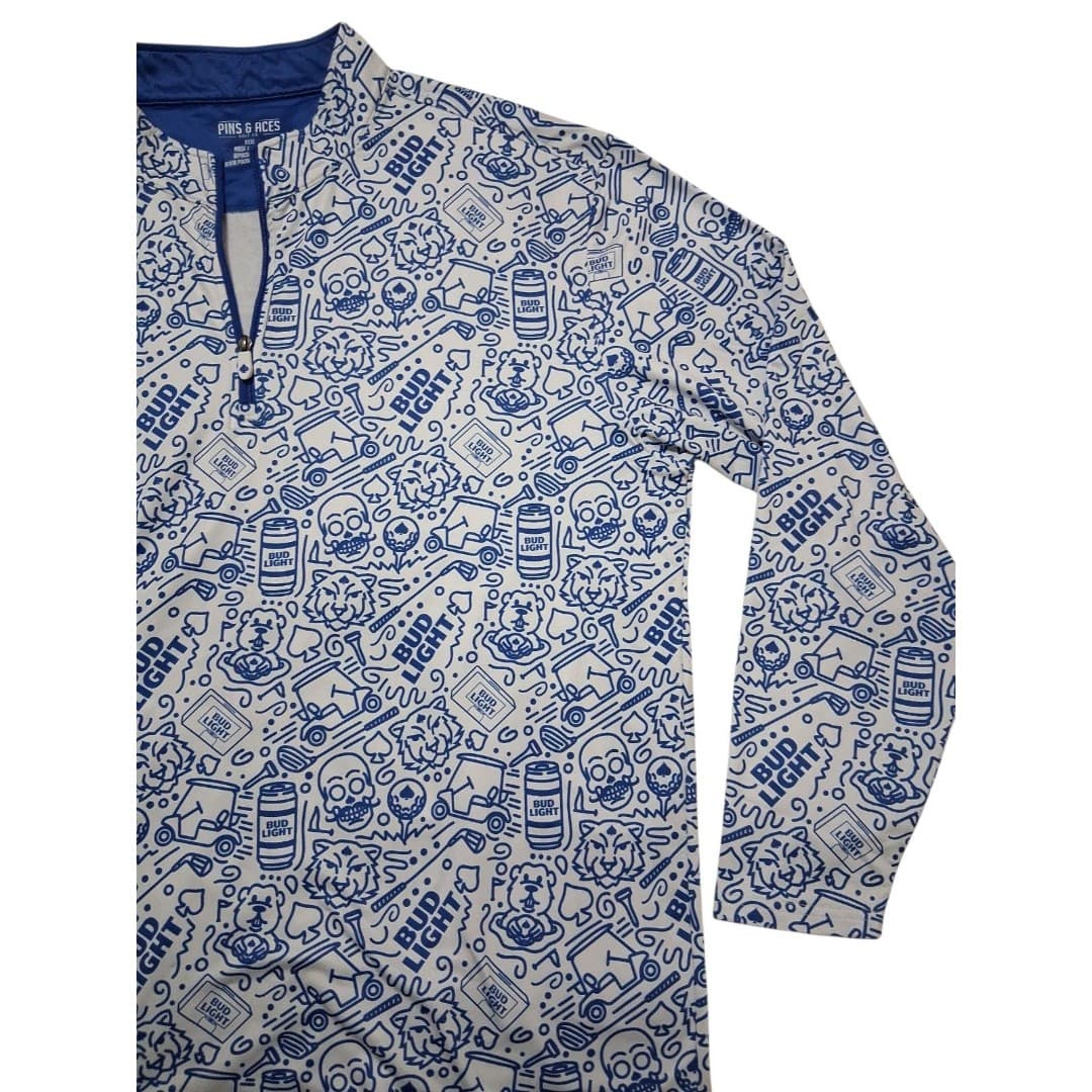 Pins & Aces Bud Light Golf Pullover AOP 1/4 Zip XXL Blue All Over Print - Image 1