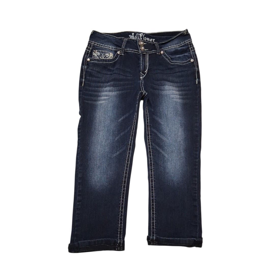 WallFlower Capri's Womens Size 7 Blue Y2K Bling Bootcut Stretch Denim Low Rise - Image 1
