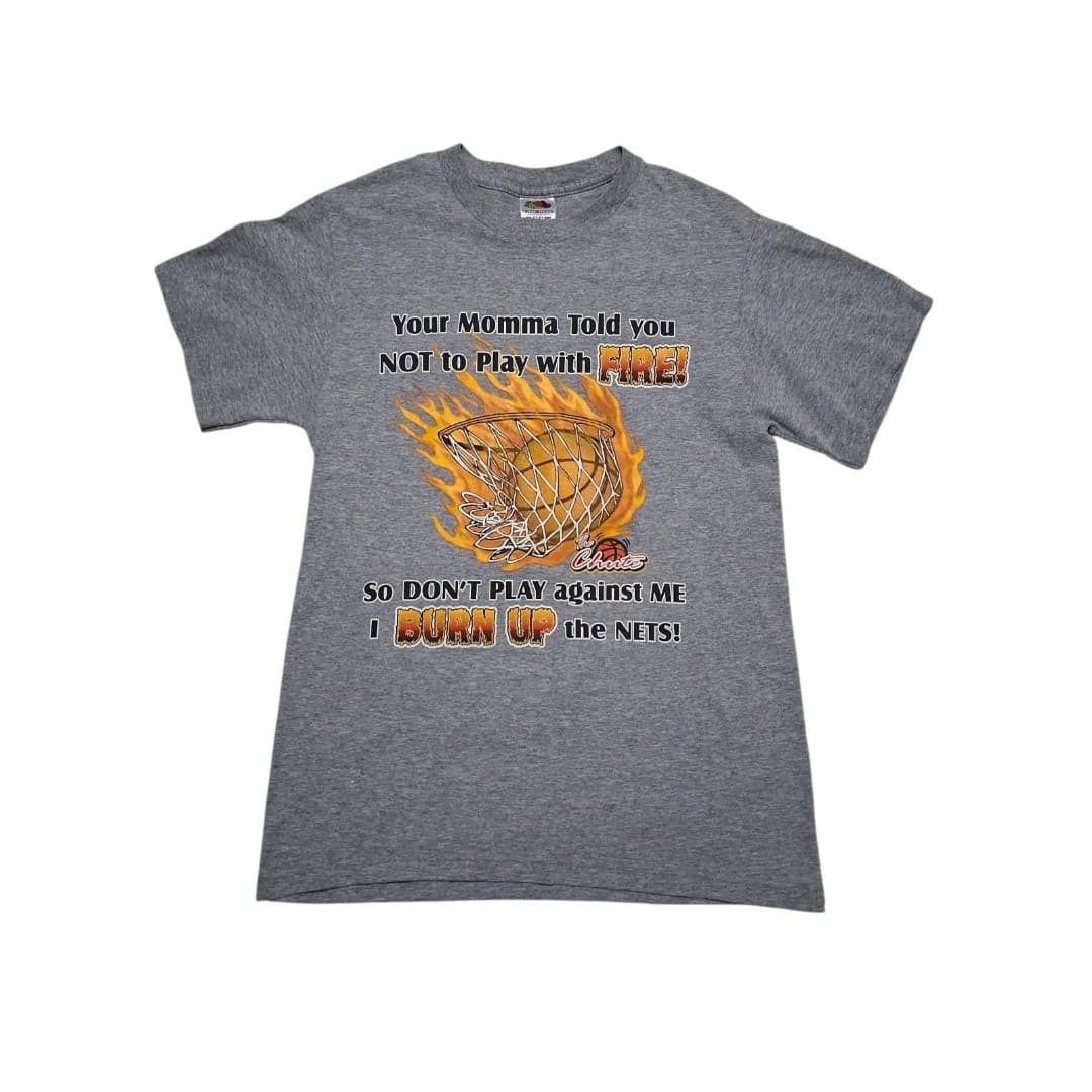 Y2K Flame Basketball Graphic T Shirt Mens Small Gray Burn Up Nets Streetwear - Thumbnail 2