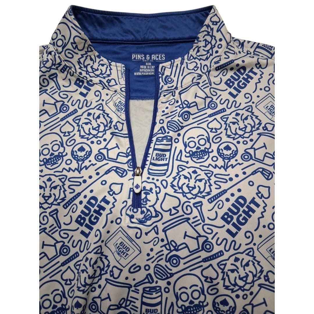Pins & Aces Bud Light Golf Pullover AOP 1/4 Zip XXL Blue All Over Print - Thumbnail 3
