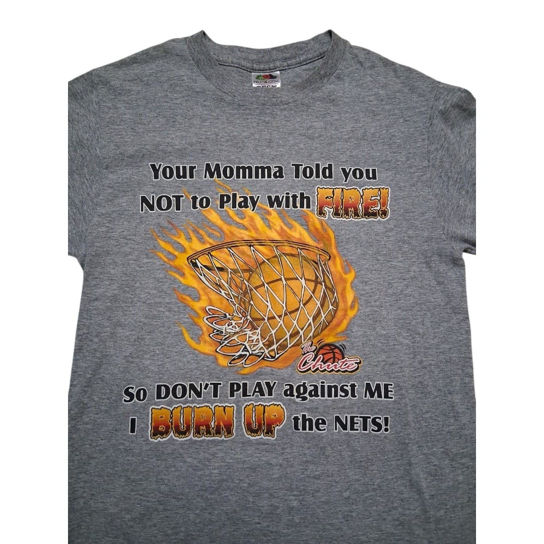 Y2K Flame Basketball Graphic T Shirt Mens Small Gray Burn Up Nets Streetwear - Image 1
