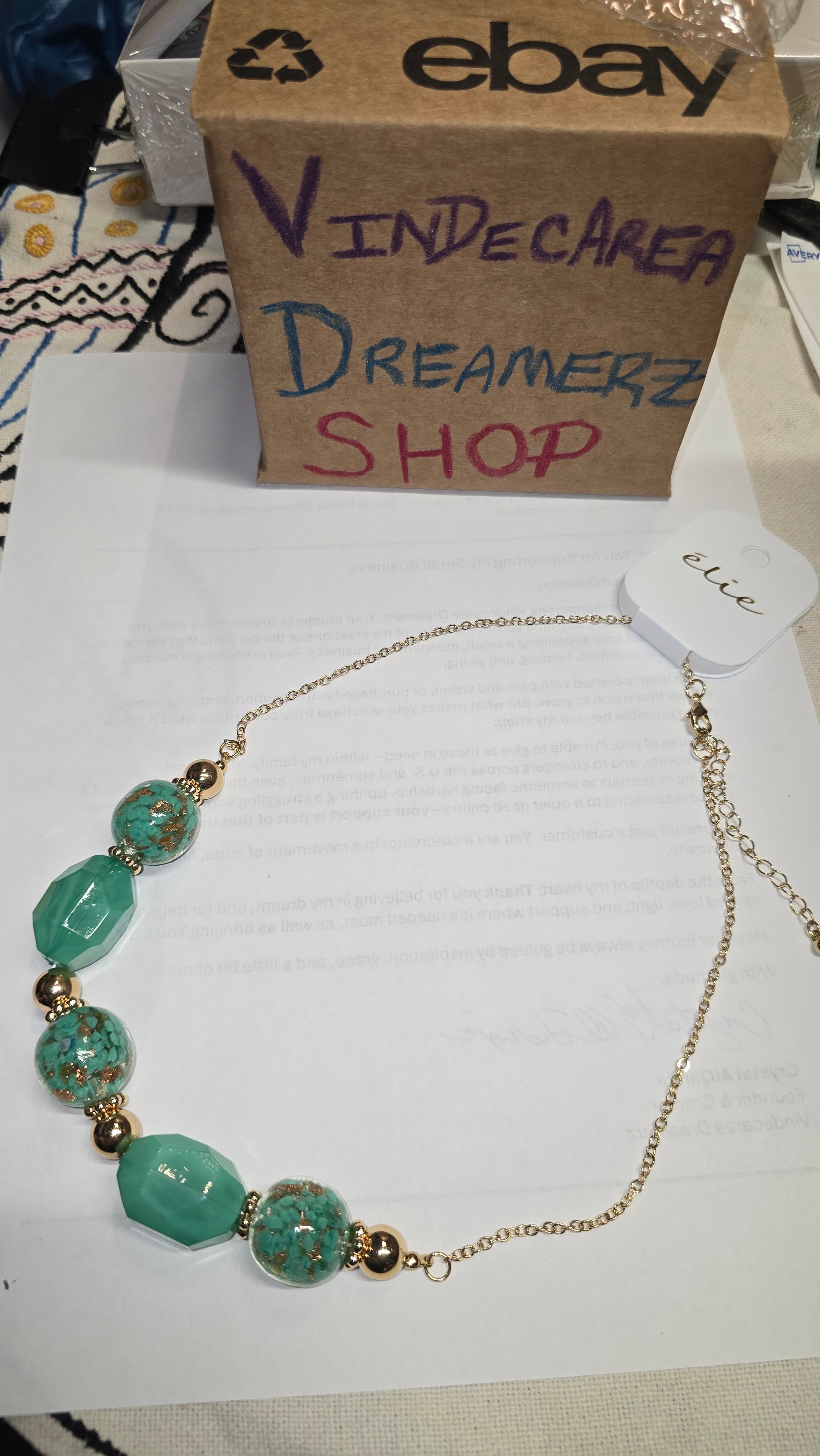 Elie Glass Turquoise Beaded Necklace with Gold Accents - Image 1