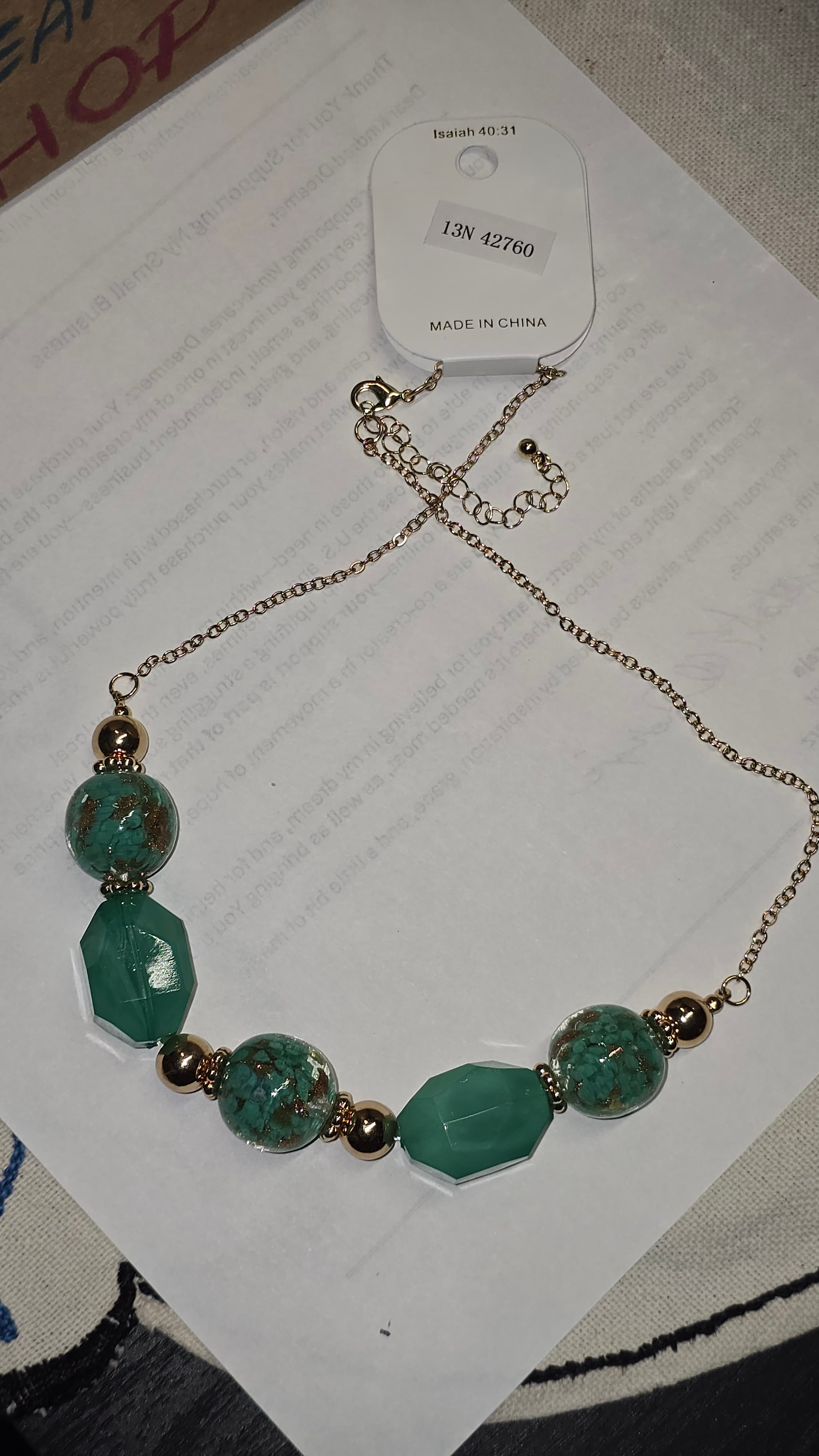 Elie Glass Turquoise Beaded Necklace with Gold Accents - Thumbnail 5