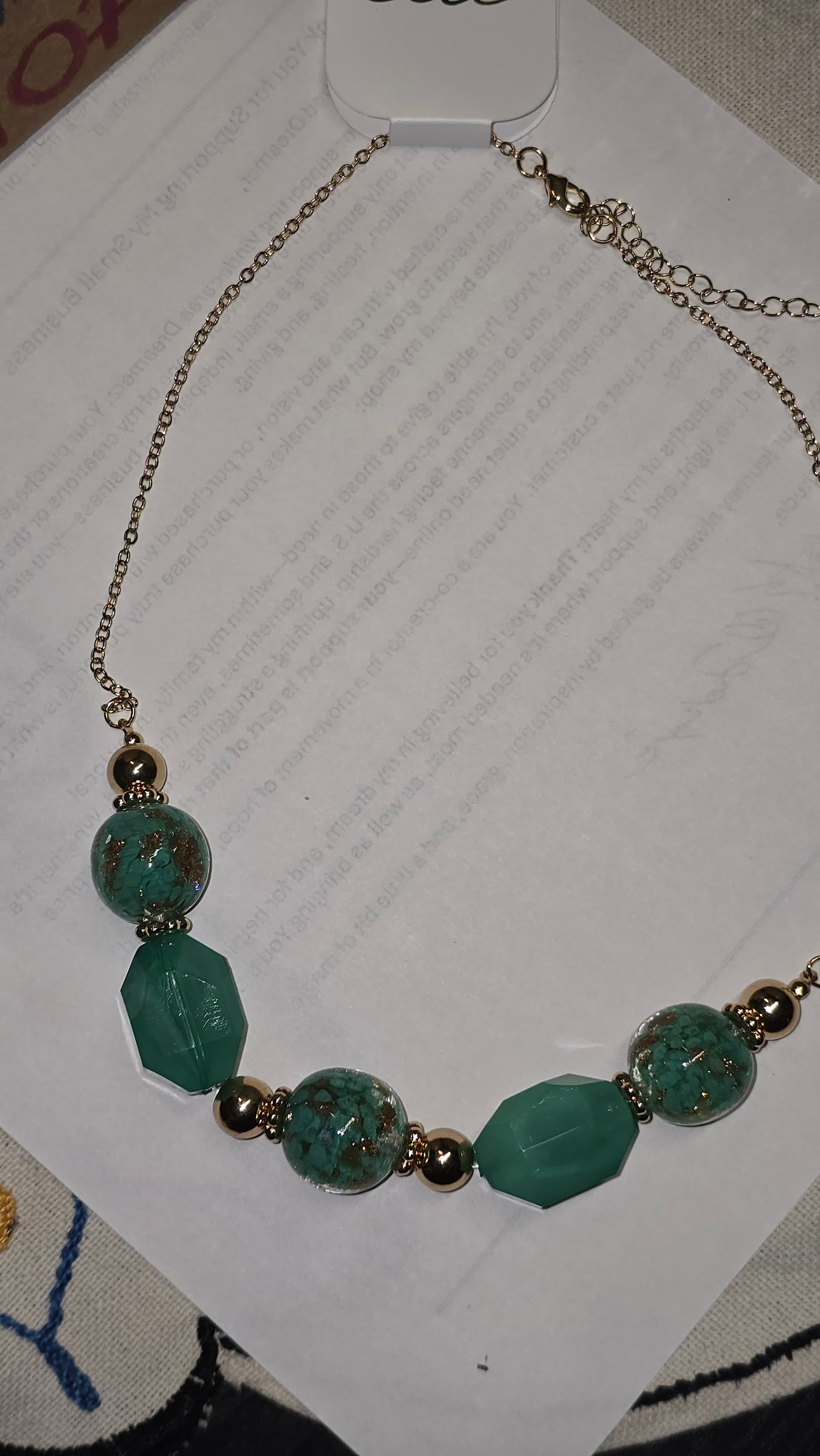 Elie Glass Turquoise Beaded Necklace with Gold Accents - Thumbnail 2