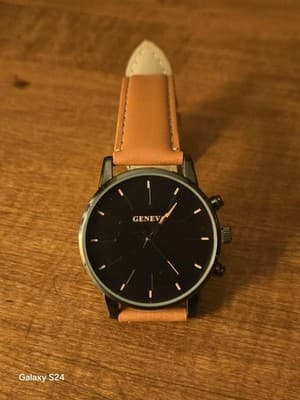 Geneva Men's Analog Wristwatch Black Dial Brown Leather Strap Stick Indexes - Image 1