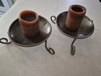 Rustic Metal Pair of Freestanding Decorative Pillar Candle Holders - Image 1