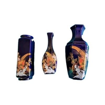 Japanese Blue Vases Set Gold Crane Floral Design Collectible - Image 1
