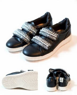 DIVANIV Men's Black Leather Hook & Loop Embellished Beaded Casual Sneaker 8.5 - Thumbnail 4