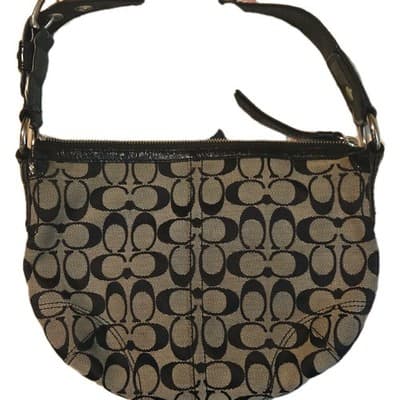 Coach Logo Pattern Shoulder Bag Black Beige with Zipper Accent and Inner Pockets - Thumbnail 2