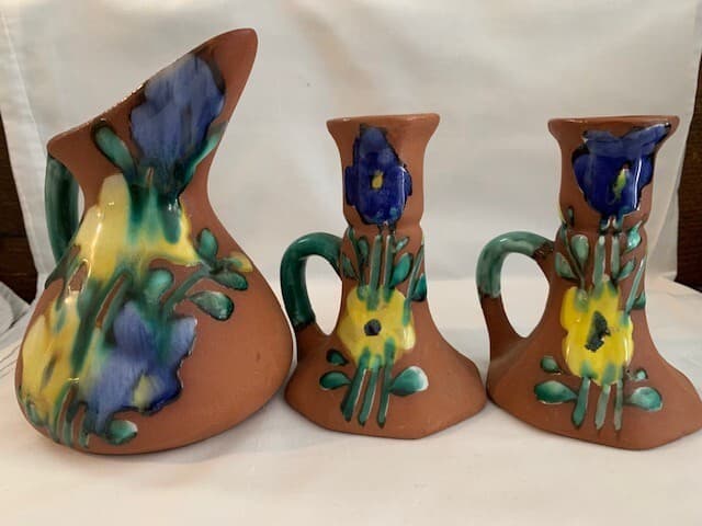 F Guerrero G Mexico Terracotta Hand Painted Glazed Flowers Pitcher Candle Holder - Image 1