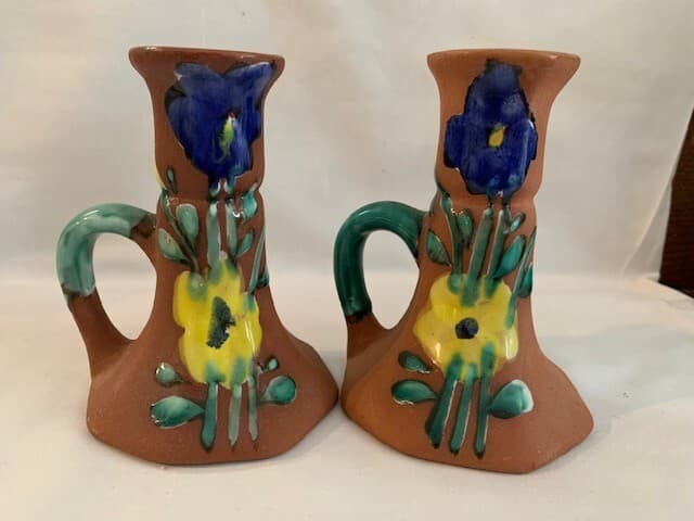 F Guerrero G Mexico Terracotta Hand Painted Glazed Flowers Pitcher Candle Holder - Thumbnail 8