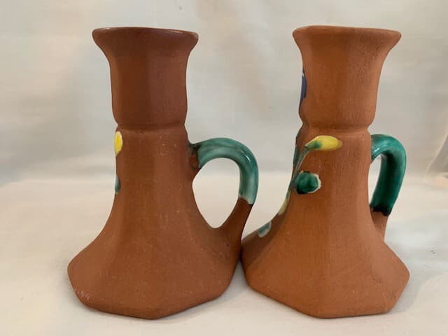 F Guerrero G Mexico Terracotta Hand Painted Glazed Flowers Pitcher Candle Holder - Thumbnail 10