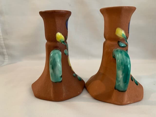 F Guerrero G Mexico Terracotta Hand Painted Glazed Flowers Pitcher Candle Holder - Thumbnail 11