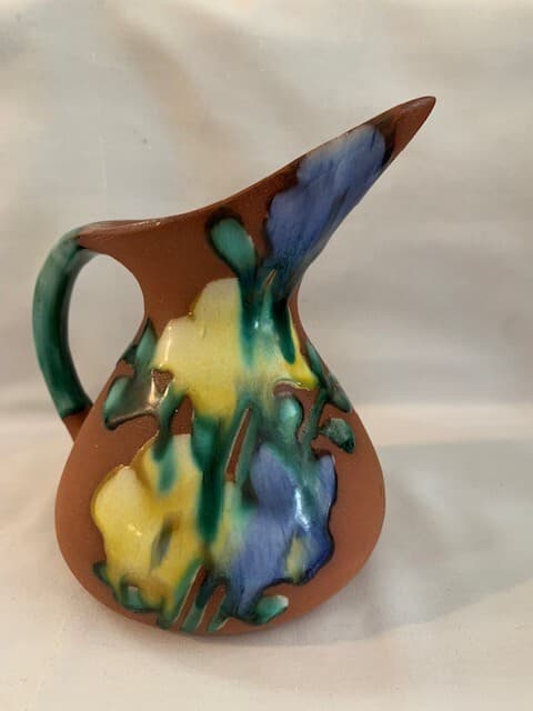 F Guerrero G Mexico Terracotta Hand Painted Glazed Flowers Pitcher Candle Holder - Thumbnail 2