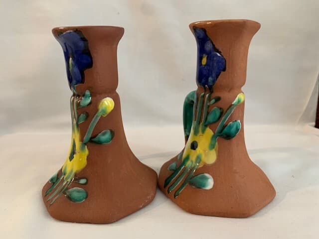 F Guerrero G Mexico Terracotta Hand Painted Glazed Flowers Pitcher Candle Holder - Thumbnail 9