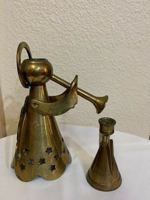 Set of 2 Brass Angel Candle Holders Trumpet Christmas - Thumbnail 4