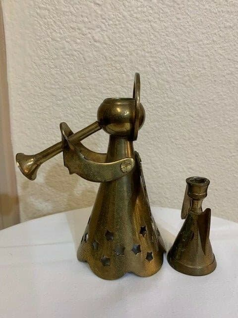 Set of 2 Brass Angel Candle Holders Trumpet Christmas - Thumbnail 2