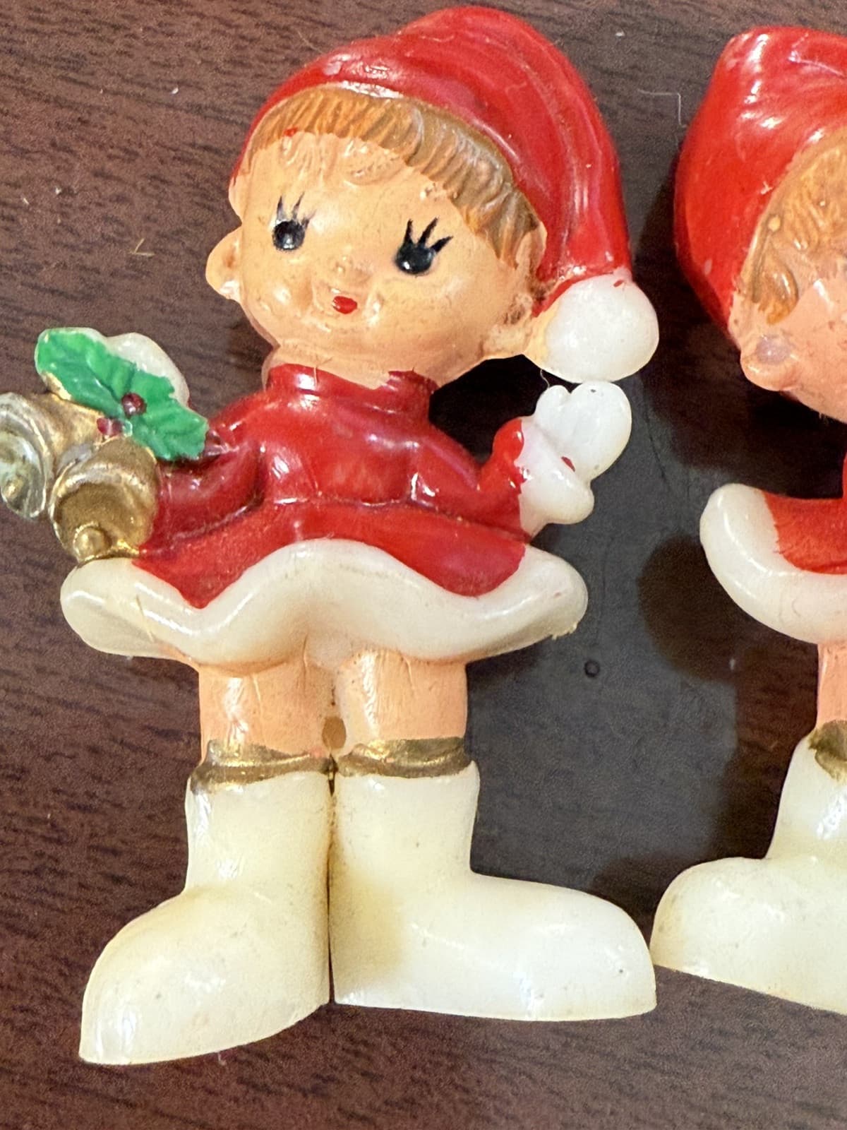 60s Kitschy Elf Girls Christmas Figurines Miniature Pixie Celluloid Set Of 2 - Thumbnail 4