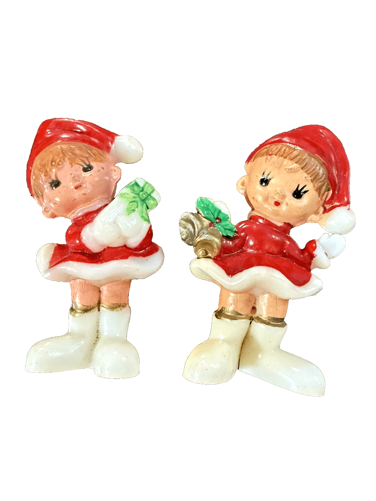 60s Kitschy Elf Girls Christmas Figurines Miniature Pixie Celluloid Set Of 2 - Image 1