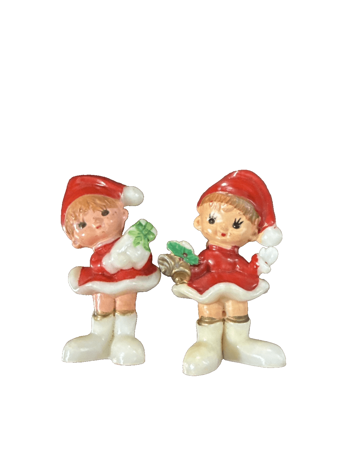 60s Kitschy Elf Girls Christmas Figurines Miniature Pixie Celluloid Set Of 2 - Thumbnail 2