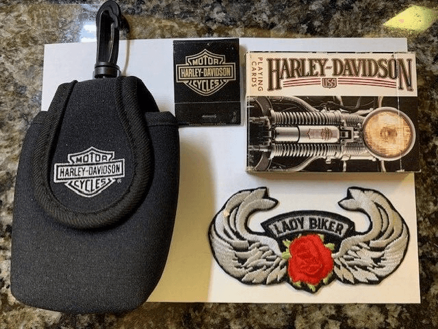 Harley Davidson Lot Playing Cards, Matches, Patch, Belt Phone Holder - Image 1