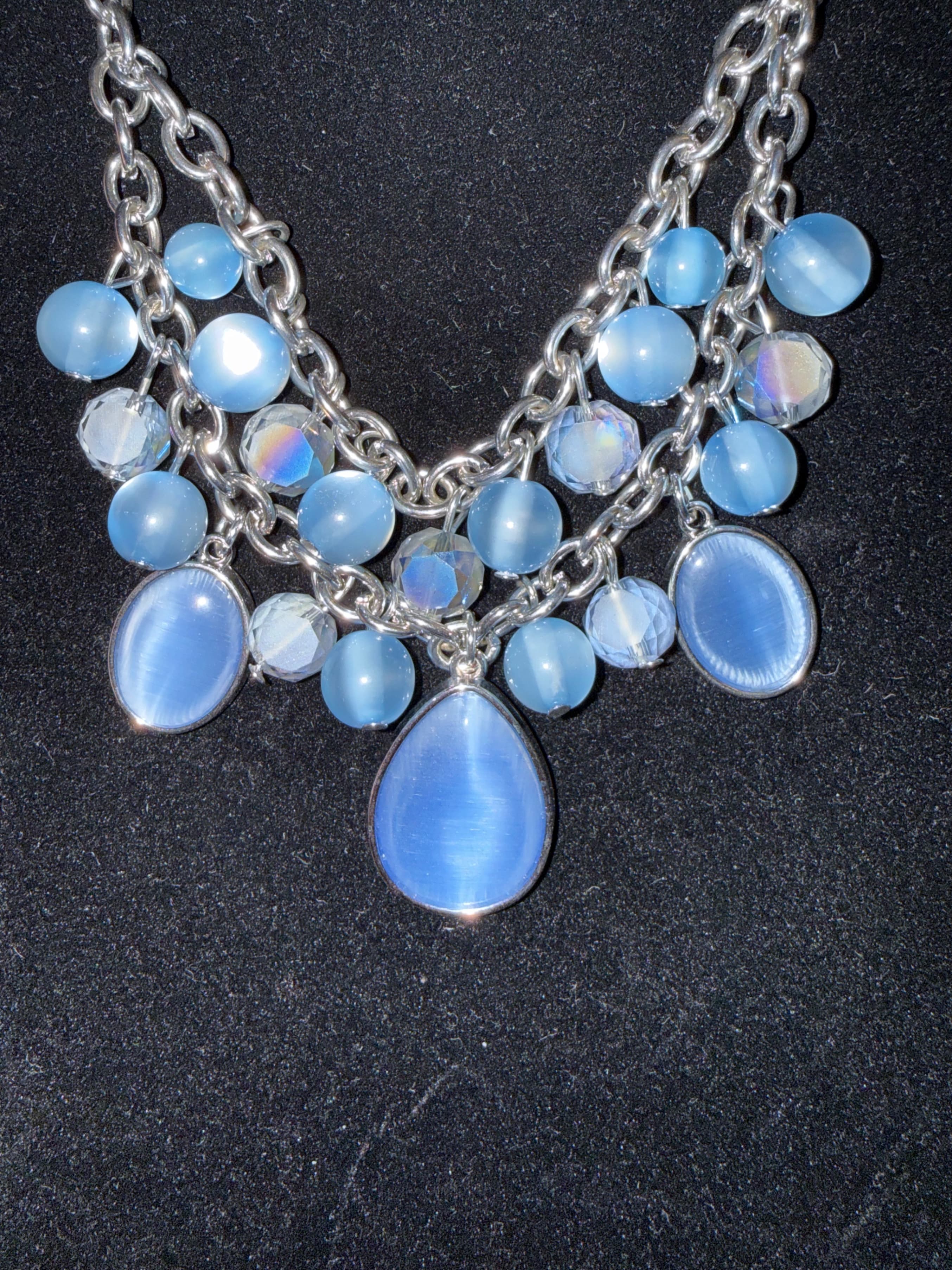 Silver Chain Necklace with Blue Beads and Teardrop Pendants - Thumbnail 2
