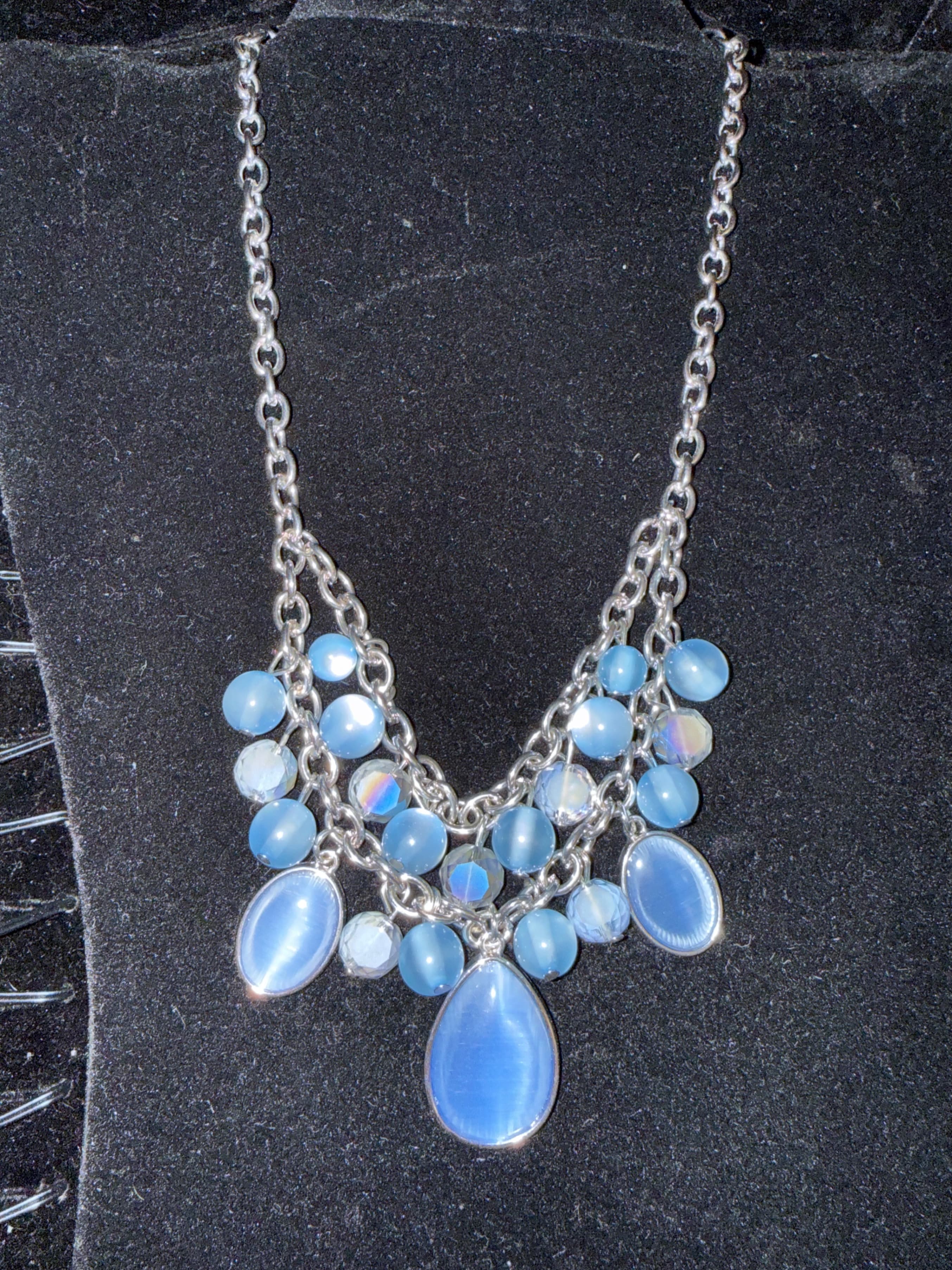 Silver Chain Necklace with Blue Beads and Teardrop Pendants