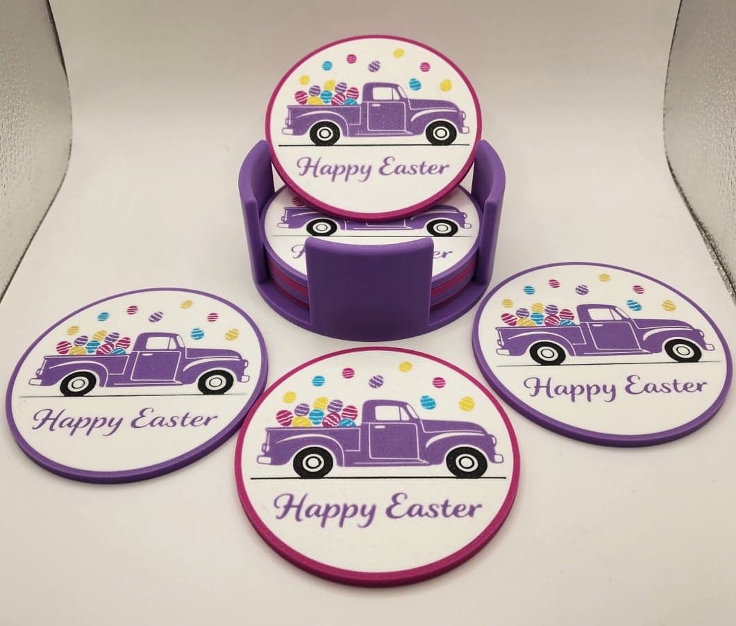 Easter coaster set - 6 coasters with cork backings and holder - Image 1