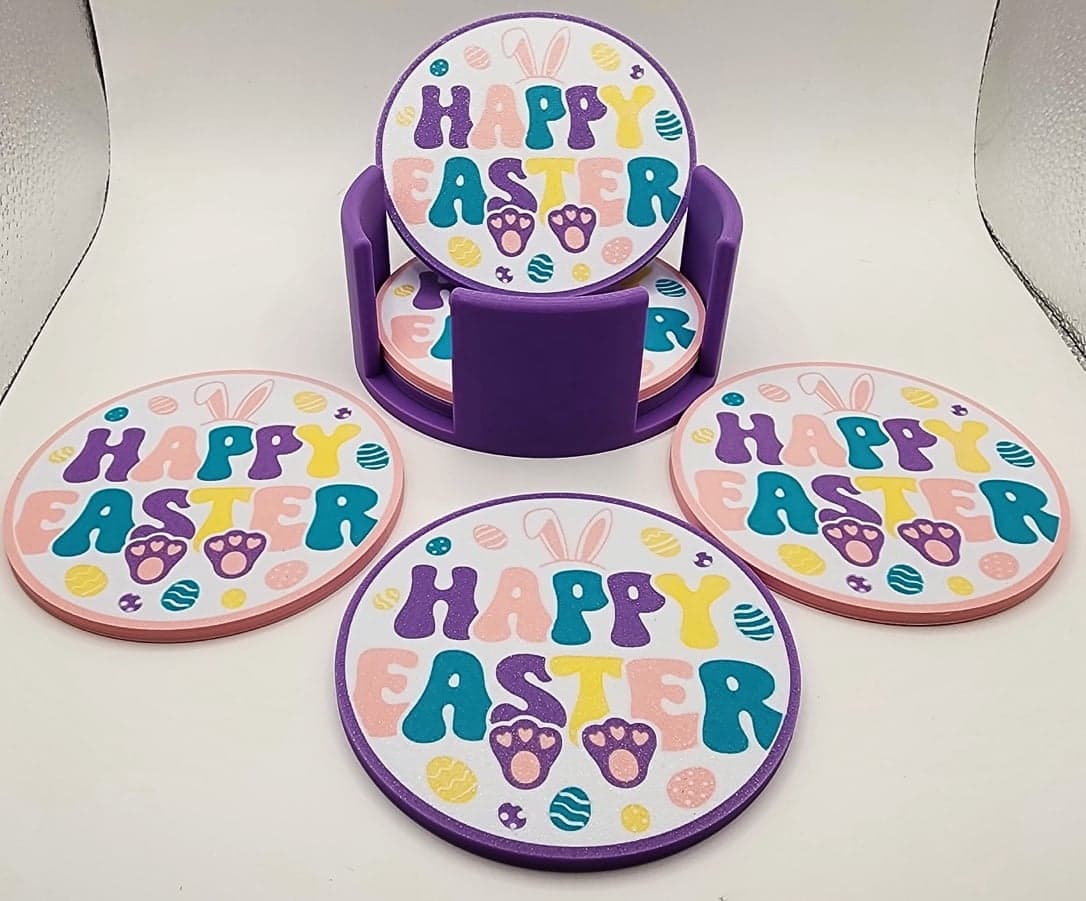 Easter coaster set - 6 coasters with cork bottoms and a holder